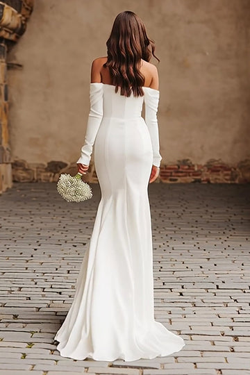 Mermaid Off The Shoulder Ivory Long Sleeve Wedding Dress With Slit